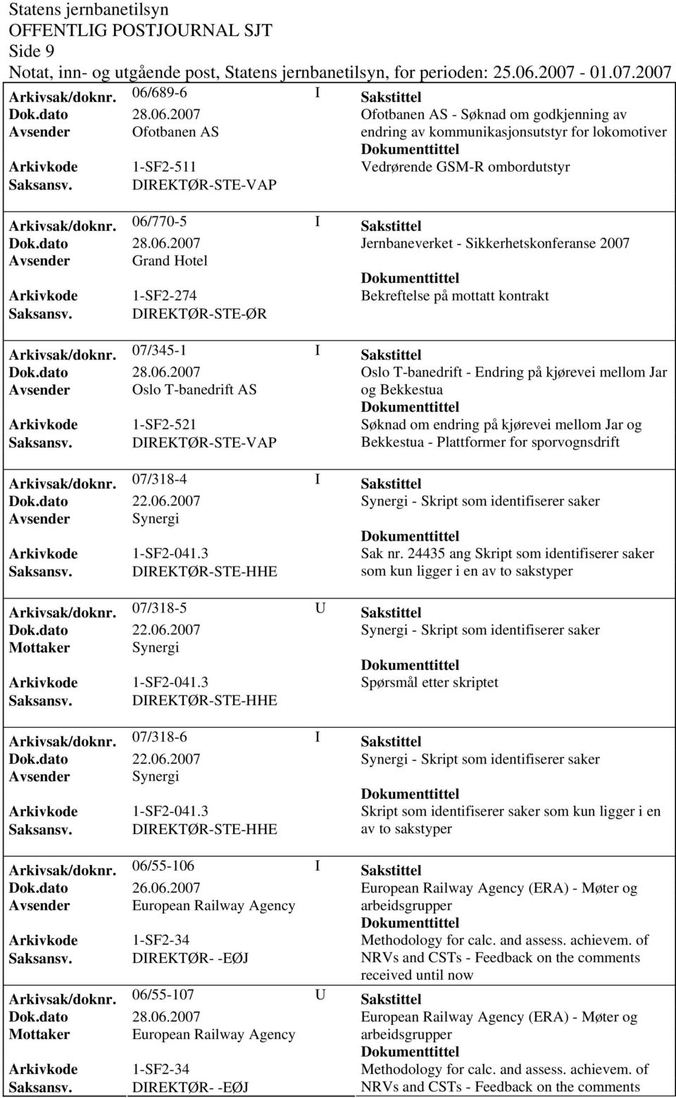 07/345-1 I Sakstittel Oslo T-banedrift - Endring på kjørevei mellom Jar Avsender Oslo T-banedrift AS og Bekkestua Arkivkode 1-SF2-521 Søknad om endring på kjørevei mellom Jar og Bekkestua -