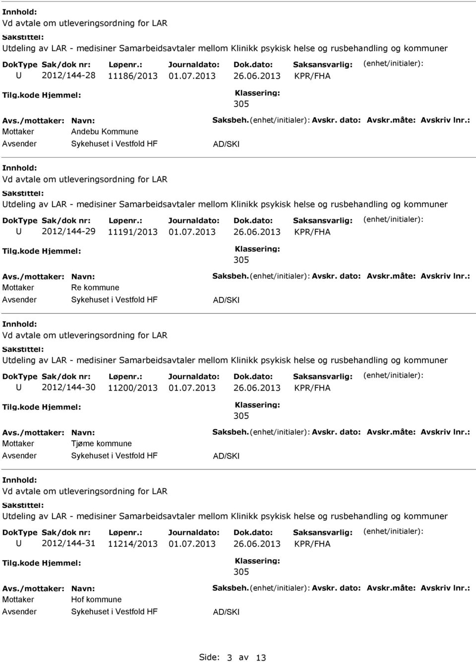 dato: Avskr.måte: Avskriv lnr.: Mottaker Re kommune AD/SK tdeling av LAR - medisiner Samarbeidsavtaler mellom Klinikk psykisk helse og rusbehandling og kommuner 2012/144-30 11200/2013 Avs.