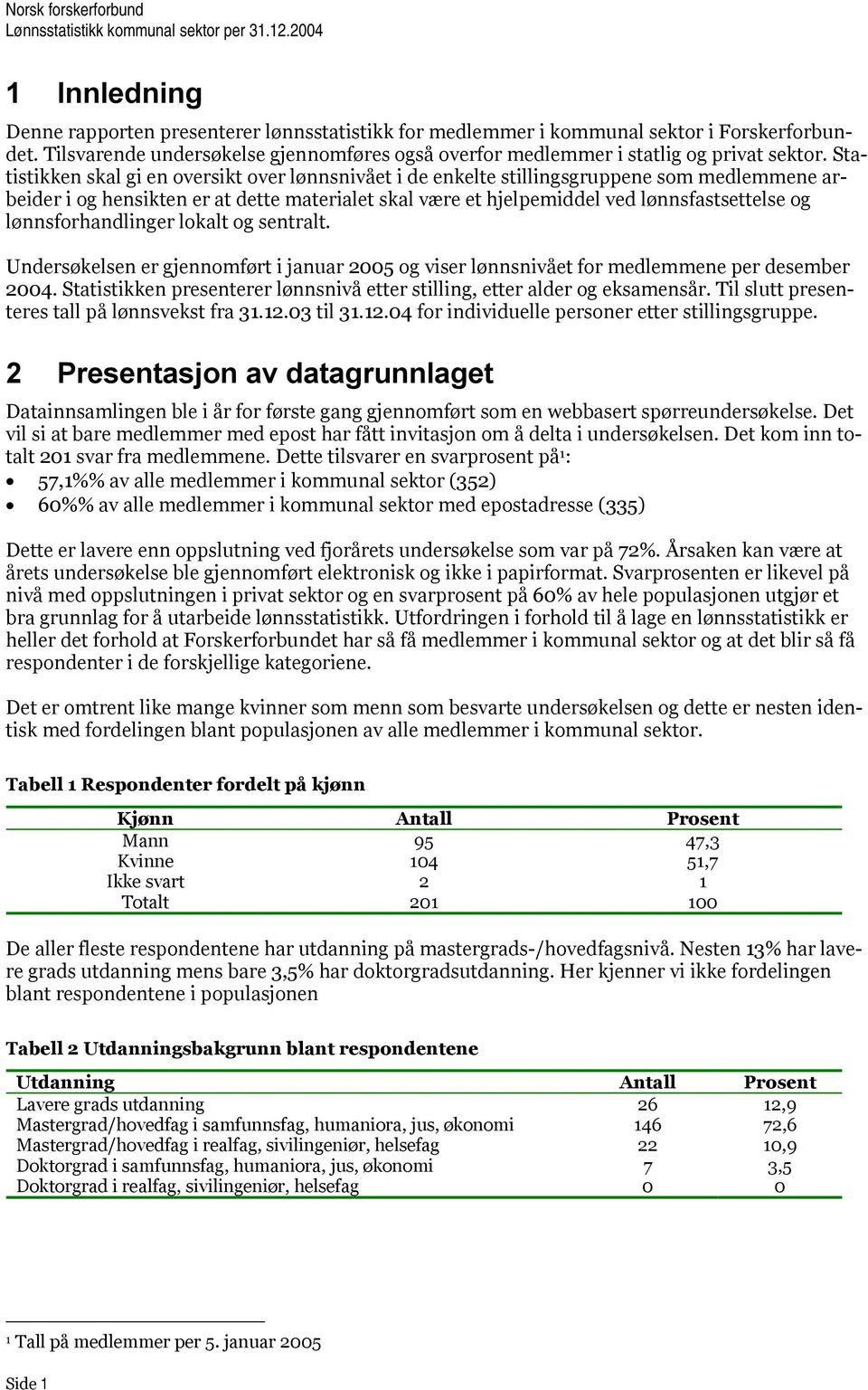 lønnsforhandlinger lokalt og sentralt. Undersøkelsen er gjennomført i januar 2005 og viser lønnsnivået for medlemmene per desember 2004.