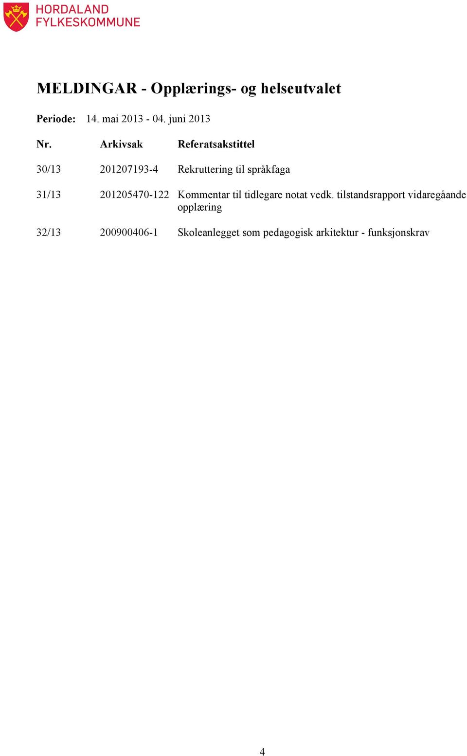 Arkivsak Referatsakstittel 30/13 201207193-4 Rekruttering til språkfaga 31/13