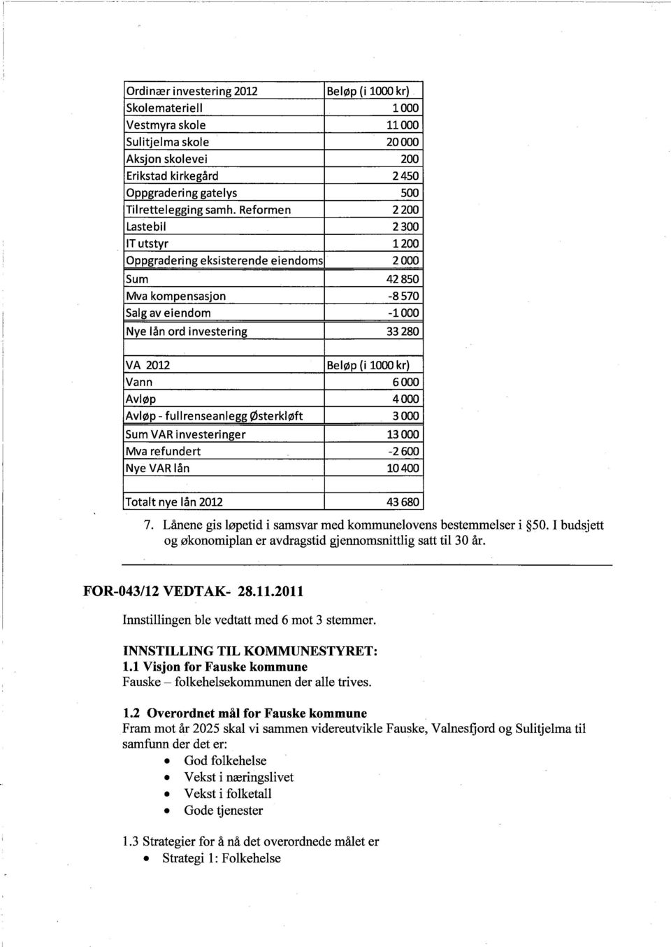 AvlØp - fullrenseanlegg Østerkløft 3000 Sum VAR investeringer 13000 Mva refundert -2600 Nye VAR lån 10400 Totalt nye lån 2012 43680 7. Lånene gis løpetid i samsvar med kommunelovens bestemmelser i 50.