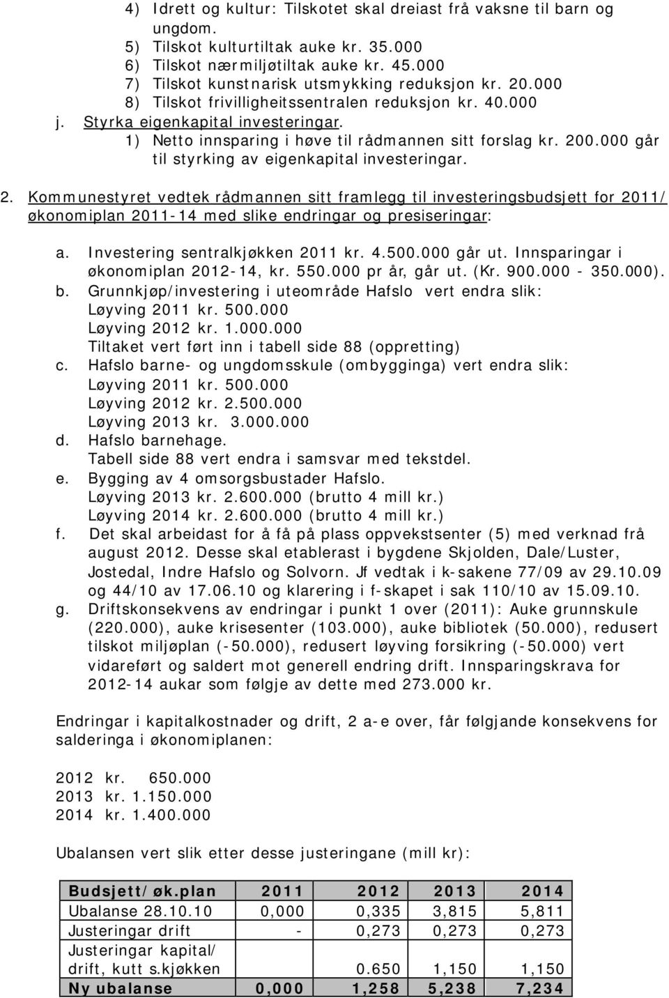 1) Netto innsparing i høve til rådmannen sitt forslag kr. 20