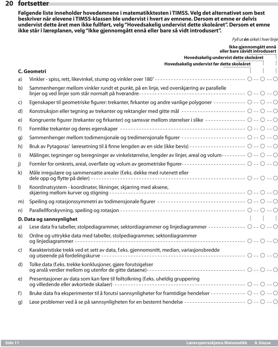 Dersom et emne ikke står i læreplanen, velg Ikke gjennomgått ennå eller bare så vidt introdusert.