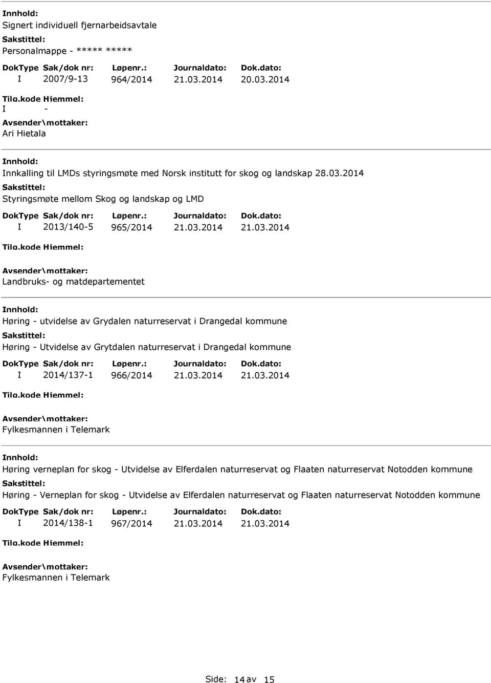 2014 Styringsmøte mellom Skog og landskap og LMD 2013/140-5 965/2014 Landbruks- og matdepartementet Høring - utvidelse av Grydalen naturreservat i Drangedal kommune Høring - tvidelse av