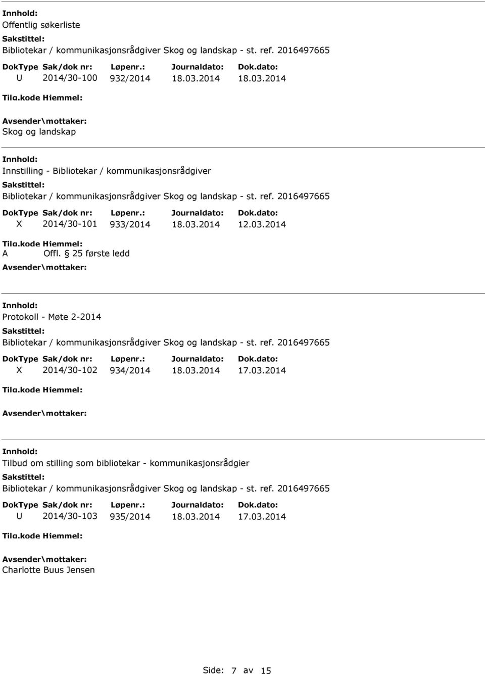 2016497665 X Tilg.kode A 2014/30-101 933/2014 Hjemmel: Offl. 25 første ledd 12.03.