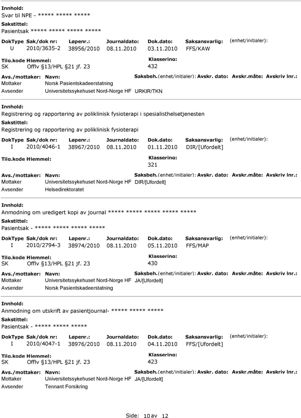 poliklinisk fysioterapi 2010/4046-1 38967/2010 01.11.2010 DR/[fordelt] 321 Avs./mottaker: Navn: Saksbeh. Avskr. dato: Avskr.måte: Avskriv lnr.
