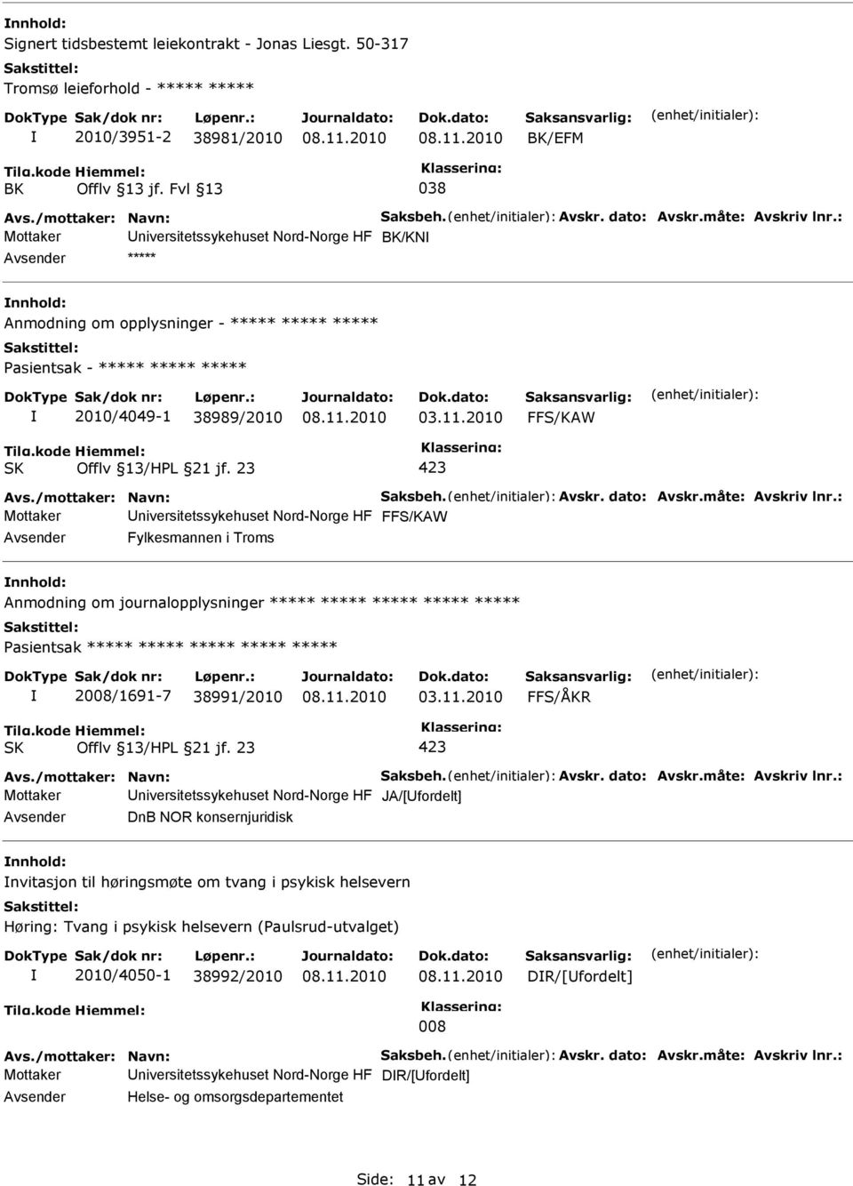 Avskr. dato: Avskr.måte: Avskriv lnr.: Mottaker niversitetssykehuset Nord-Norge HF Fylkesmannen i Troms Anmodning om journalopplysninger ***** ***** ***** ***** ***** ***** 2008/1691-7 38991/2010 03.