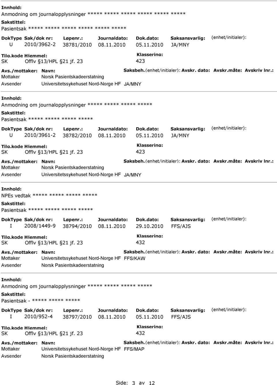 dato: Avskr.måte: Avskriv lnr.: Mottaker Norsk Pasientskadeerstatning niversitetssykehuset Nord-Norge HF NPEs vedtak ***** ***** ***** ***** 2008/1449-9 38794/2010 29.10.2010 FFS/AJS Avs.