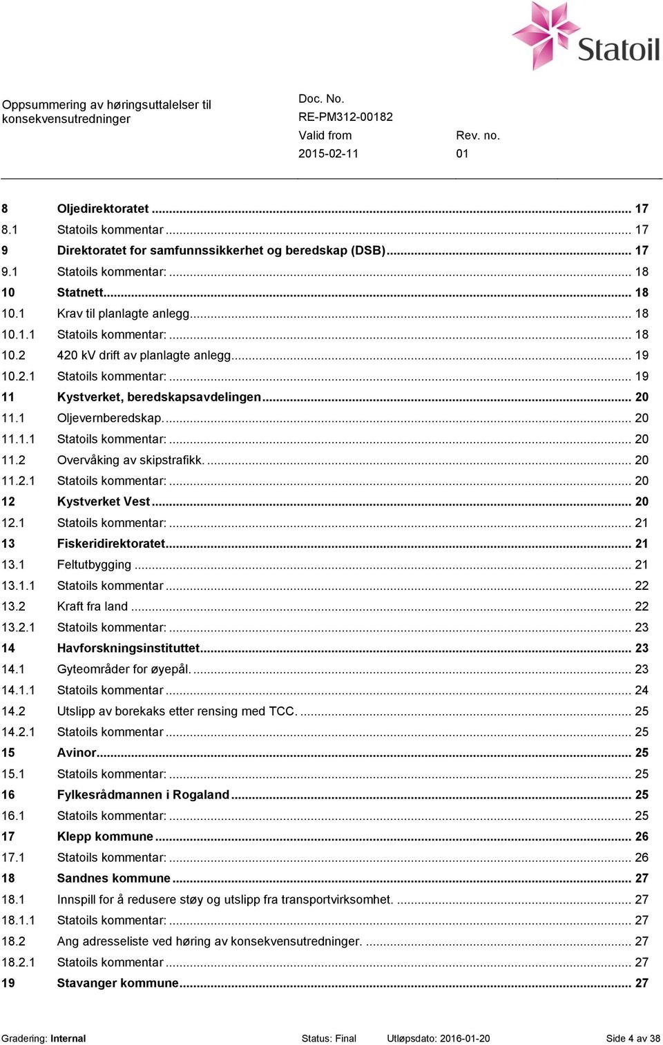 ... 20 11.2.1 Statoils kommentar:... 20 12 Kystverket Vest... 20 12.1 Statoils kommentar:... 21 13 Fiskeridirektoratet... 21 13.1 Feltutbygging... 21 13.1.1 Statoils kommentar... 22 13.