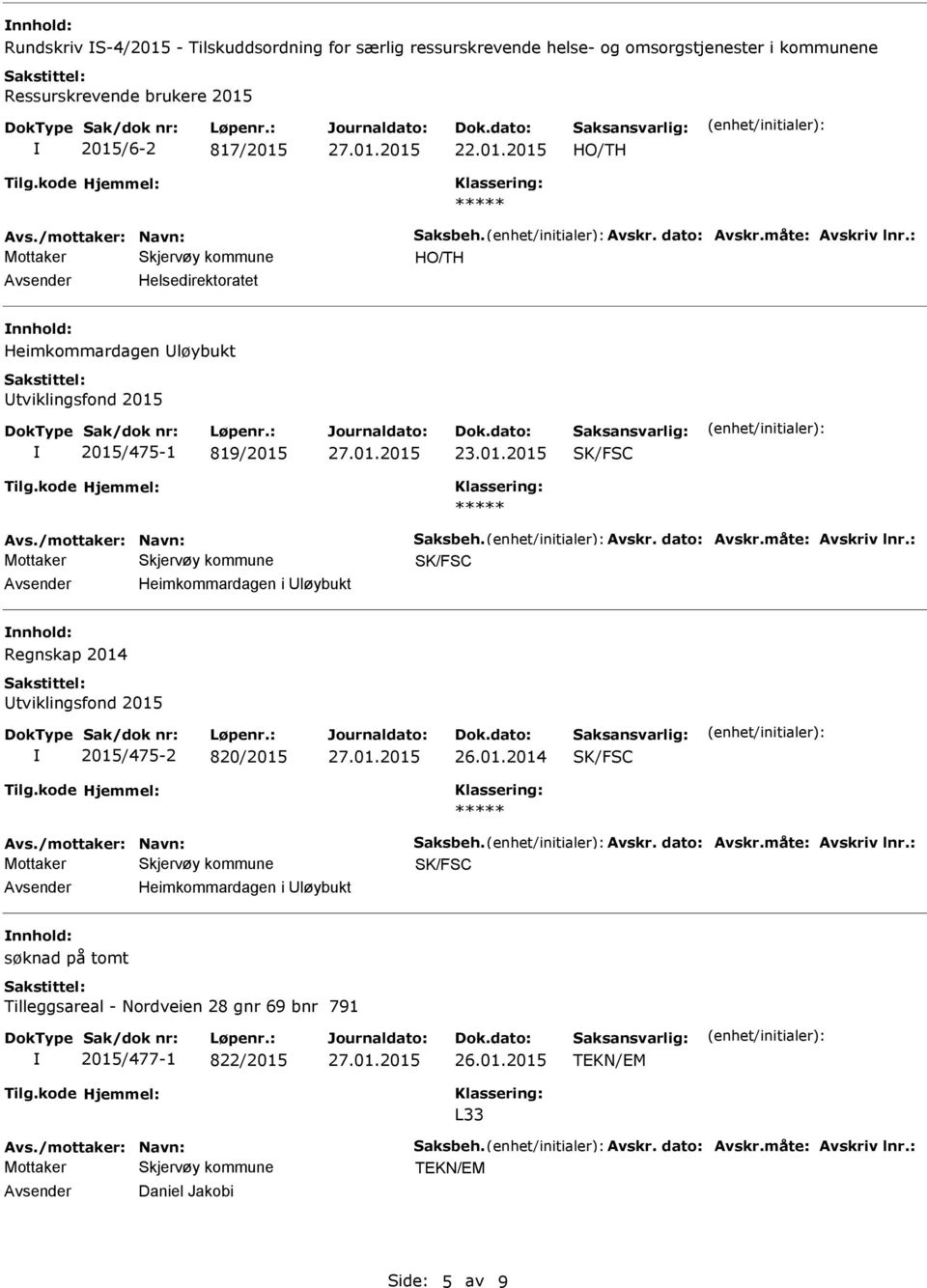 måte: Avskriv lnr.: SK/FSC Heimkommardagen i løybukt Regnskap 2014 tviklingsfond 2015 2015/475-2 820/2015 26.01.2014 SK/FSC Avs./mottaker: Navn: Saksbeh. Avskr. dato: Avskr.måte: Avskriv lnr.: SK/FSC Heimkommardagen i løybukt søknad på tomt Tilleggsareal - Nordveien 28 gnr 69 bnr 791 2015/477-1 822/2015 L33 Avs.