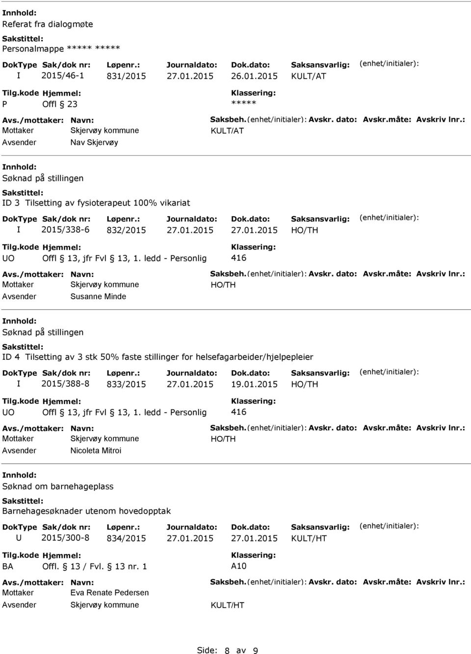 dato: Avskr.måte: Avskriv lnr.: Susanne Minde Søknad på stillingen D 4 Tilsetting av 3 stk 50% faste stillinger for helsefagarbeider/hjelpepleier 2015/388-8 833/2015 19.01.2015 O Offl 13, jfr Fvl 13, 1.