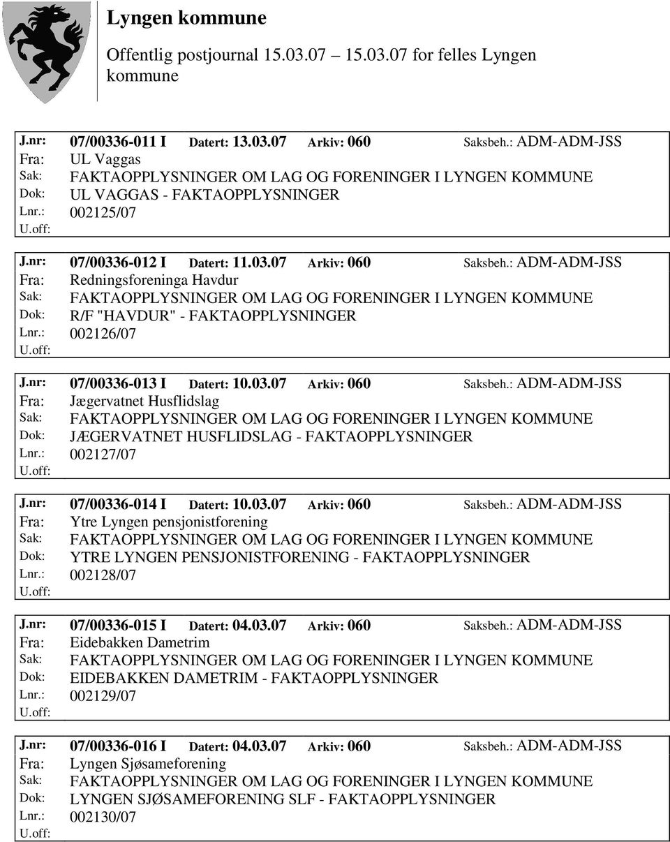 nr: 07/00336-014 I Datert: 10.03.07 Arkiv: 060 Saksbeh.: ADM-ADM-JSS Fra: Ytre Lyngen pensjonistforening Dok: YTRE LYNGEN PENSJONISTFORENING - FAKTAOPPLYSNINGER Lnr.: 002128/07 J.