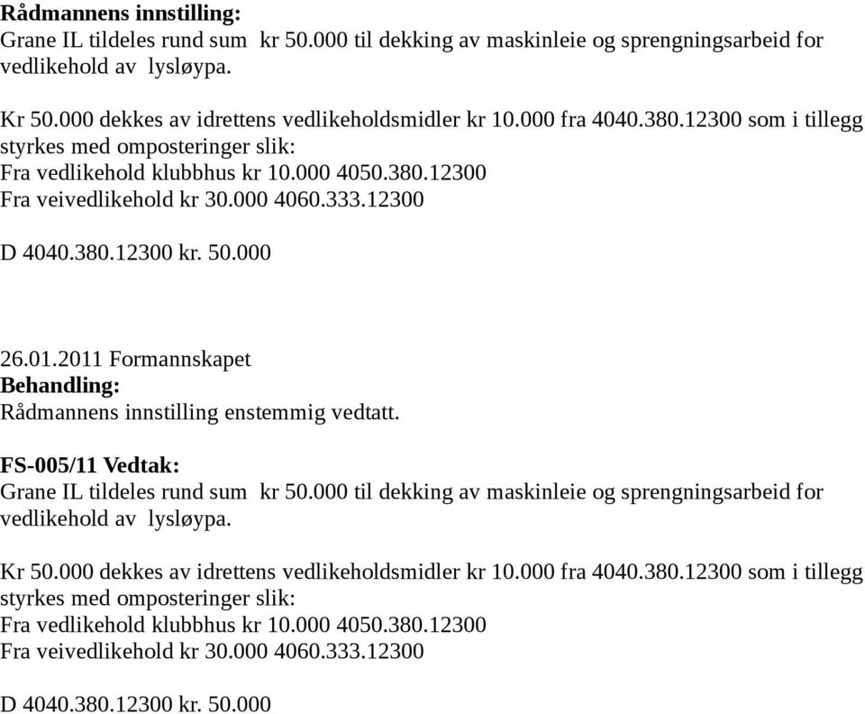 2011 Formannskapet Behandling: Rådmannens innstilling enstemmig vedtatt. FS-005/11 Vedtak: Grane IL tildeles rund sum kr 50.