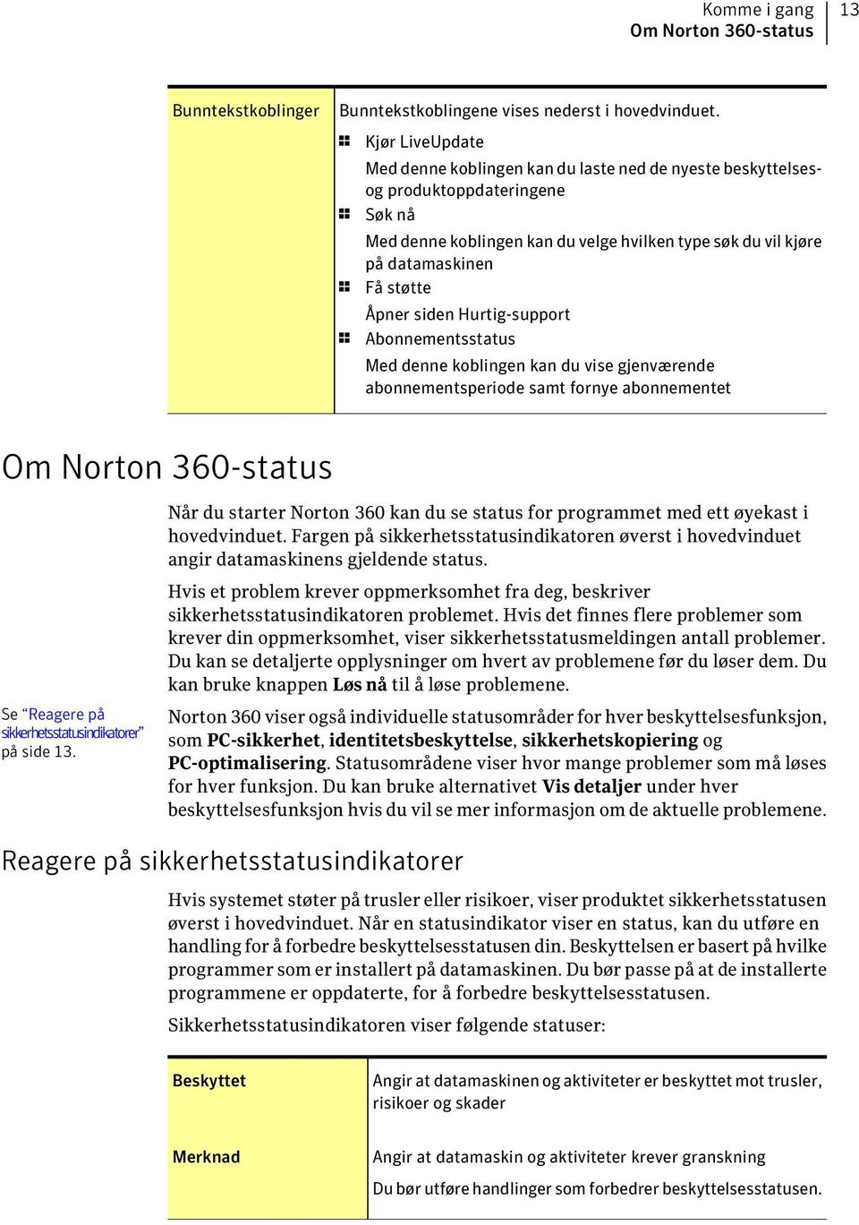 støtte Åpner siden Hurtig-support 1 Abonnementsstatus Med denne koblingen kan du vise gjenværende abonnementsperiode samt fornye abonnementet Om Norton 360-status Se Reagere på