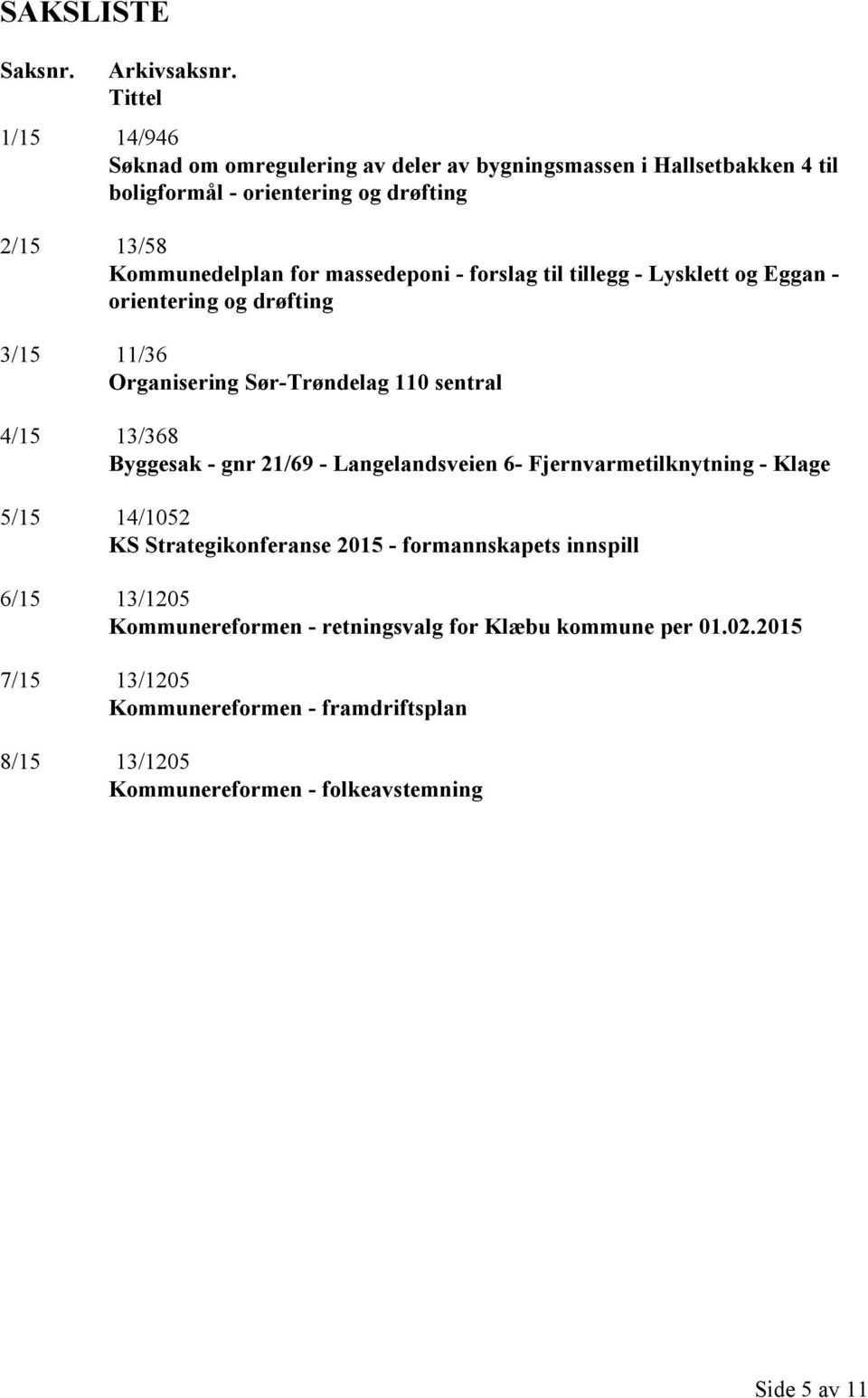 massedeponi - forslag til tillegg - Lysklett og Eggan - orientering og drøfting 3/15 11/36 Organisering Sør-Trøndelag 110 sentral 4/15 13/368 Byggesak - gnr 21/69