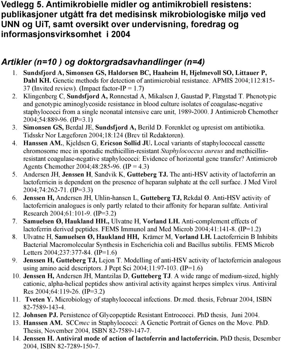 2004 Artikler (n=10 ) og doktorgradsavhandlinger (n=4) 1. Sundsfjord A, Simonsen GS, Haldorsen BC, Haaheim H, Hjelmevoll SO, Littauer P, Dahl KH.