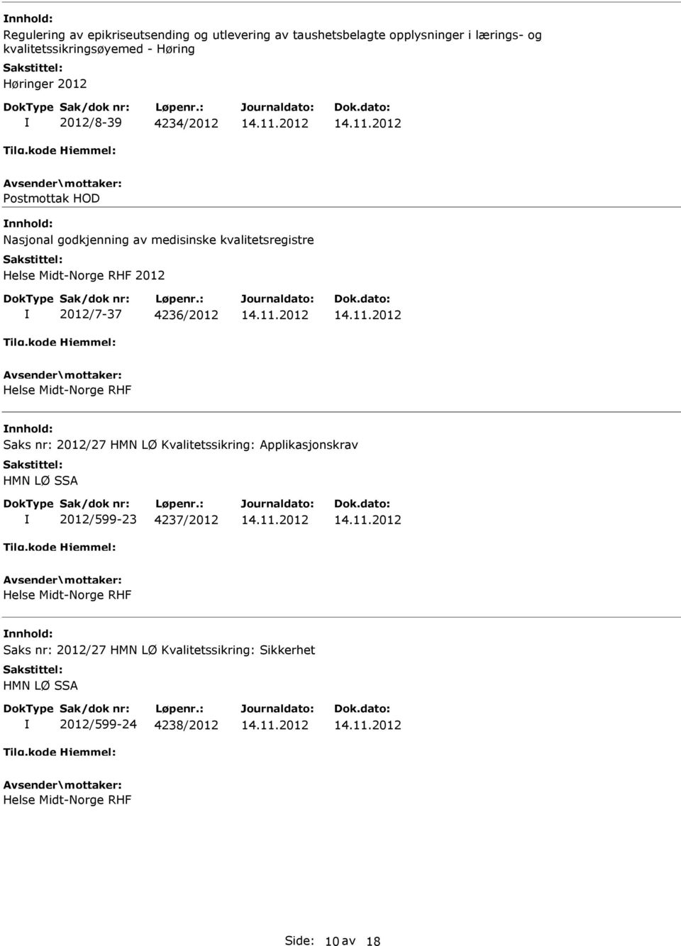 medisinske kvalitetsregistre 2012 2012/7-37 4236/2012 Saks nr: 2012/27 HMN LØ Kvalitetssikring: