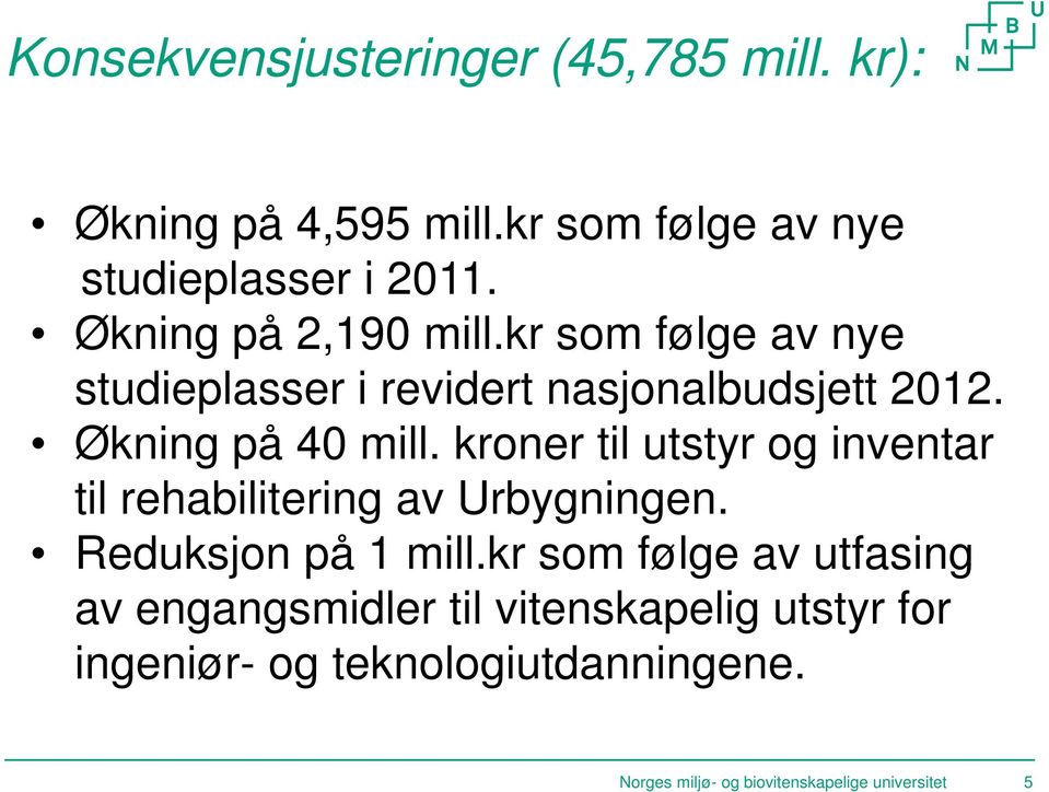 kroner til utstyr og inventar til rehabilitering av Urbygningen. Reduksjon på 1 mill.