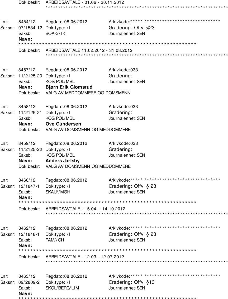 beskr: VALG AV MEDDOMMERE OG DOMSMENN Lnr: 8458/12 Regdato:08.06.2012 Arkivkode:033 Saksnr: 11/2125-21 Dok.type: /I Saksb: KOS/POL/MBL Journalenhet:SEN Ove Gundersen Dok.