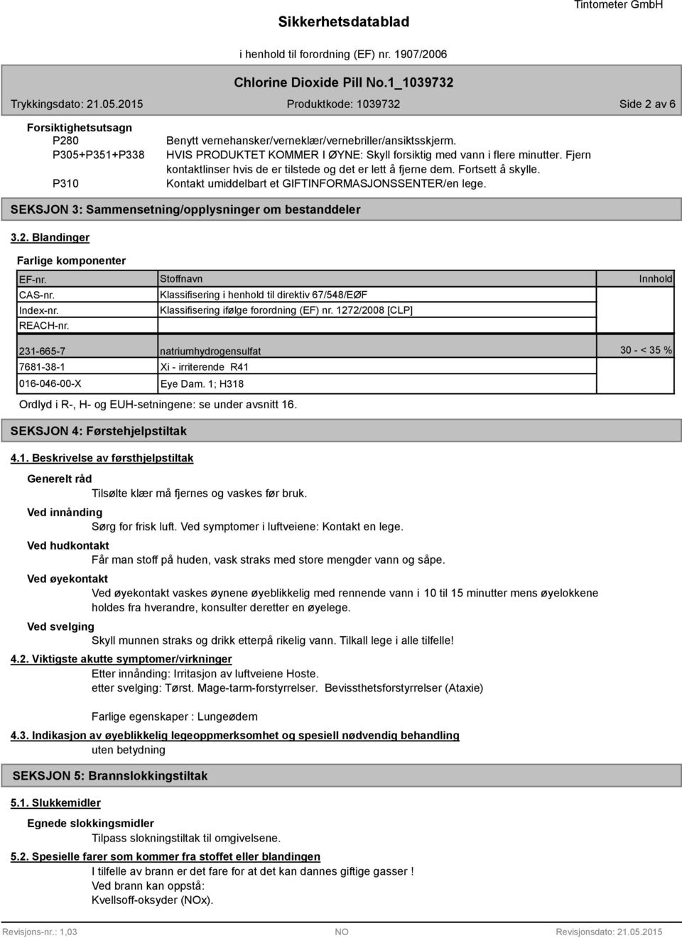 2. Blandinger Farlige komponenter EF-nr. CAS-nr. Index-nr. REACH-nr. Stoffnavn Klassifisering i henhold til direktiv 67/548/EØF Klassifisering ifølge forordning (EF) nr.