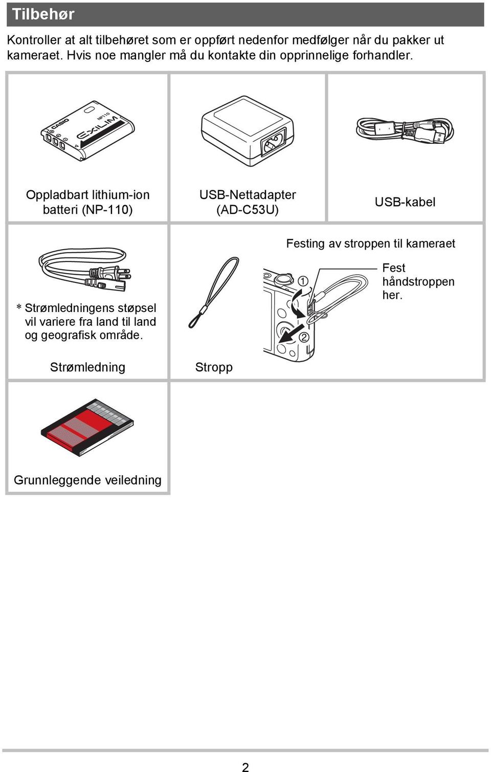 Oppladbart lithium-ion batteri (NP-110) USB-Nettadapter (AD-C53U) USB-kabel Festing av stroppen til