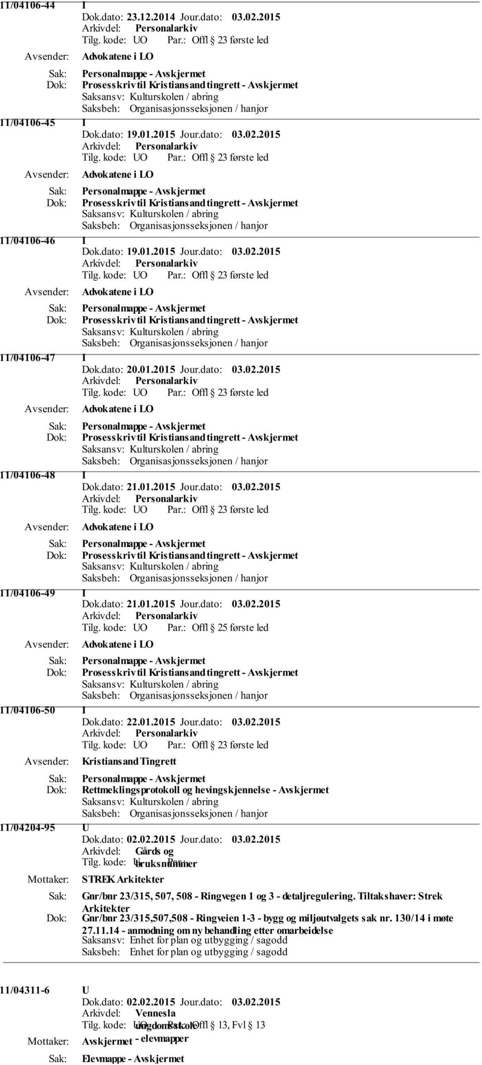 2015 Advokatene i LO Prosesskriv til Kristiansand tingrett - Avskjermet 11/04106-47 I Advokatene i LO Prosesskriv til Kristiansand tingrett - Avskjermet 11/04106-48 I Dok.dato: 21.01.2015 Jour.