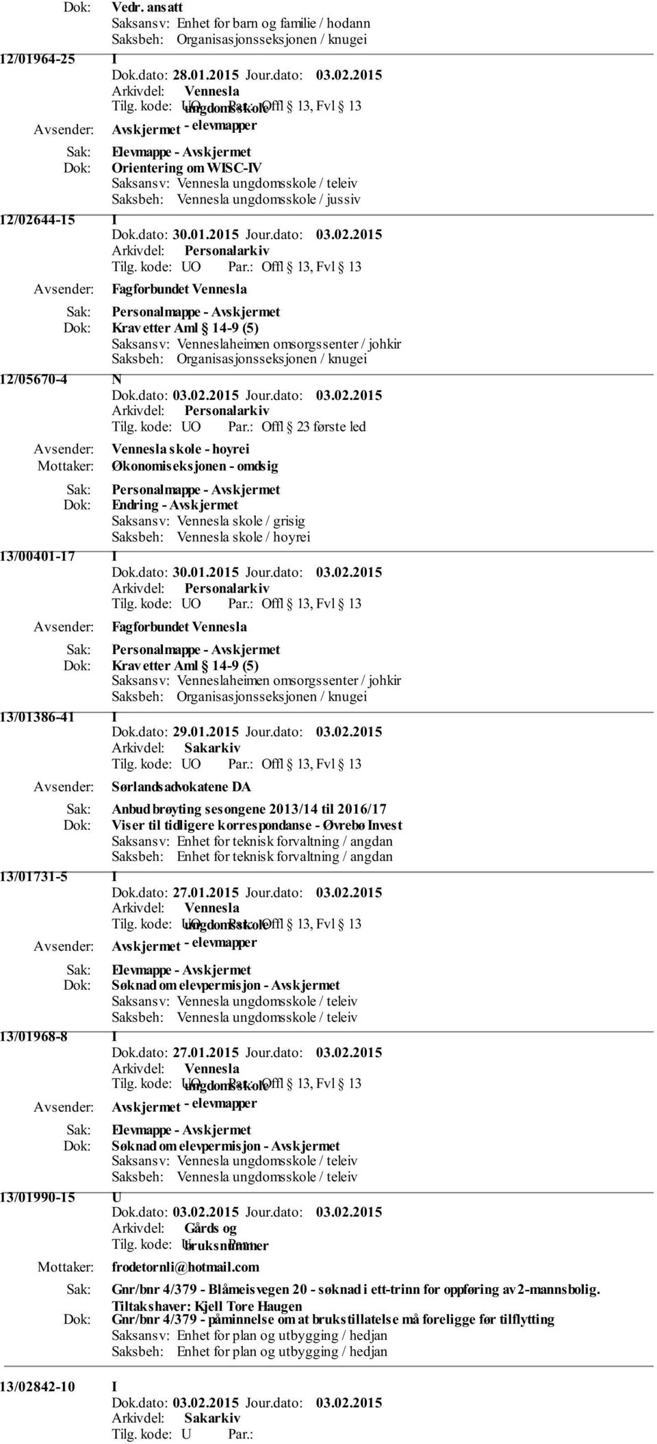 12/05670-4 N Vennesla skole - hoyrei Økonomiseksjonen - omdsig Endring - Avskjermet Saksansv: Vennesla skole / grisig Saksbeh: Vennesla skole / hoyrei 13/00401-17 I Fagforbundet Vennesla Krav etter