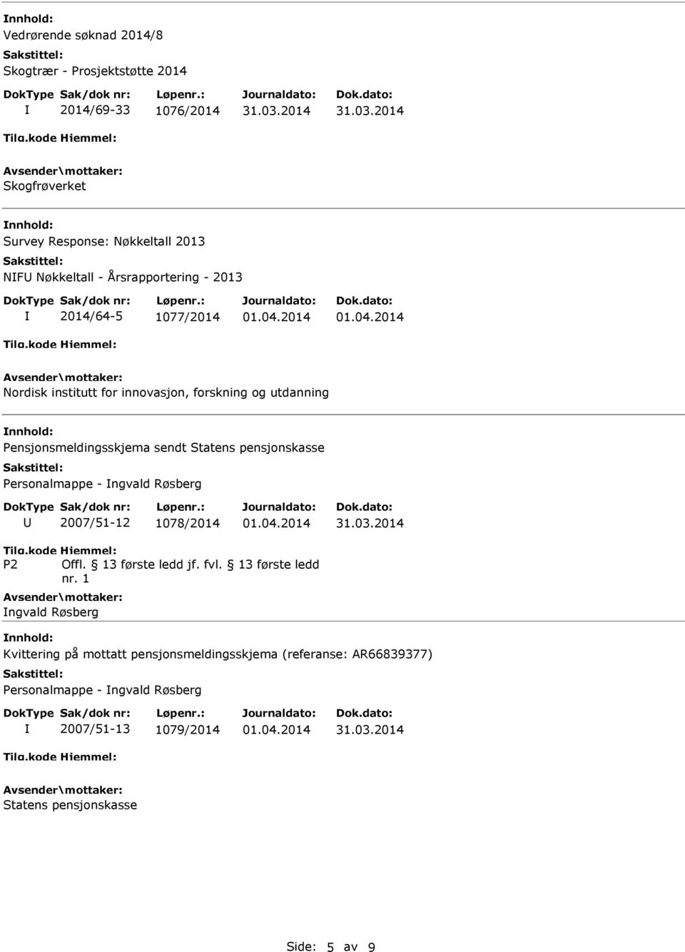 pensjonskasse Personalmappe - ngvald Røsberg 2007/51-12 1078/2014 Tilg.kode P2 Hjemmel: Offl. 13 første ledd jf. fvl. 13 første ledd nr.