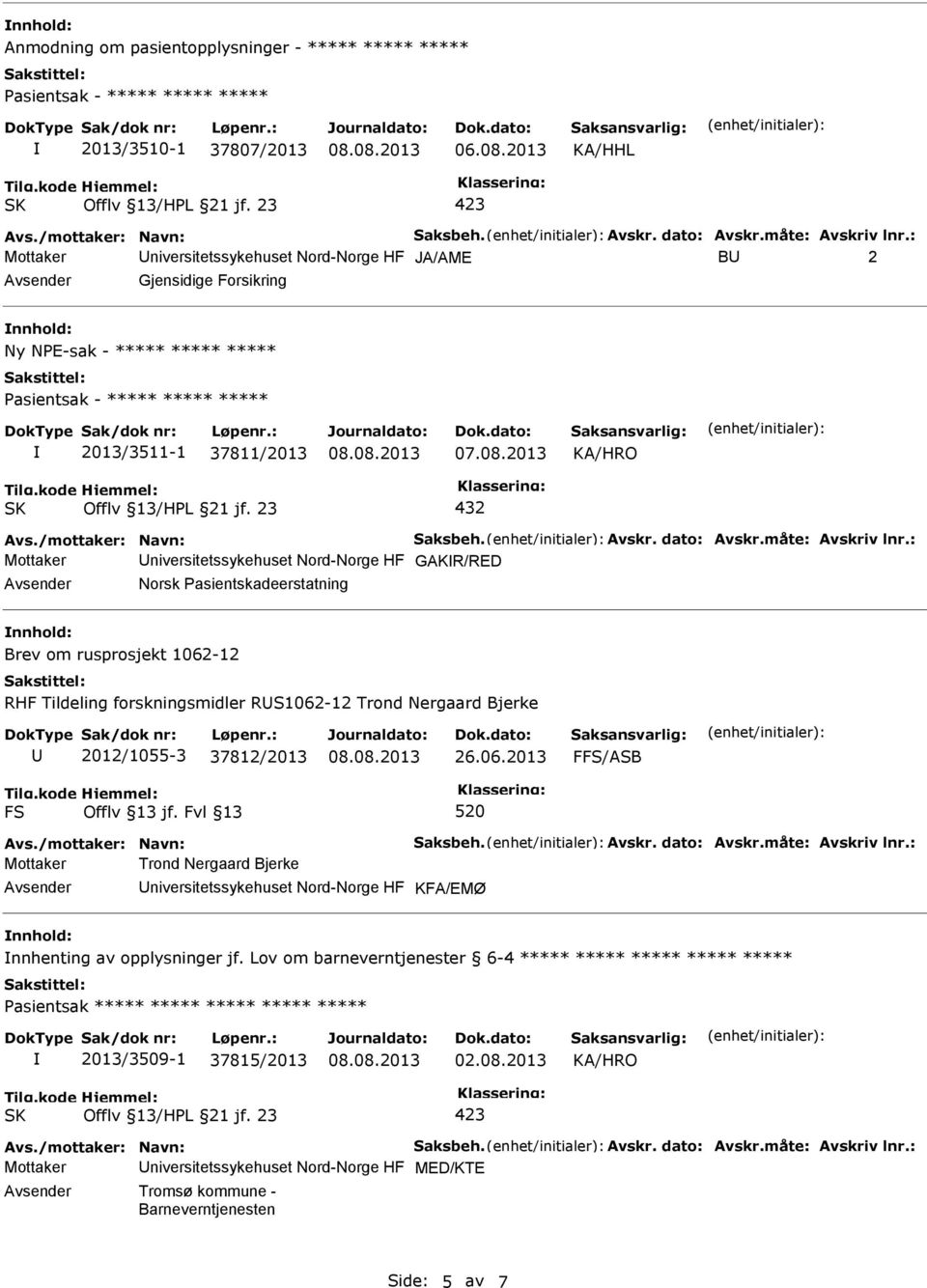 Pasientskadeerstatning Brev om rusprosjekt 1062-12 RHF Tildeling forskningsmidler RS1062-12 Trond Nergaard Bjerke 2012/1055-3 37812/2013 26.06.2013 FFS/ASB FS 520 Mottaker Trond Nergaard Bjerke niversitetssykehuset Nord-Norge HF KFA/EMØ nnhenting av opplysninger jf.