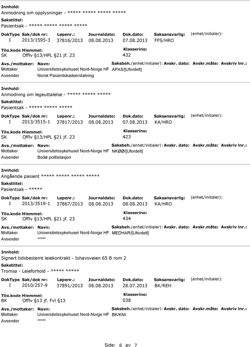 ***** ***** ***** ***** Pasientsak - ***** 2013/3519-1 37867/2013 434 Mottaker niversitetssykehuset Nord-Norge HF MEDHAR/[fordelt] ***** Signert tidsbestemt