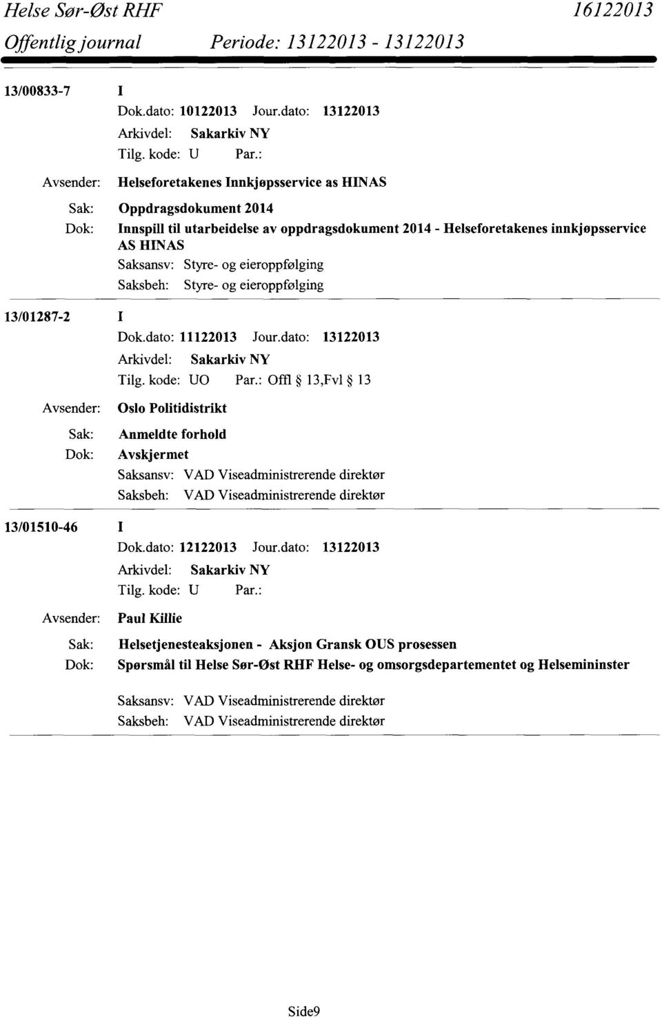 eieroppfølging Saksbeh: Styre- og eieroppfølging 13/01287-2 I Dok.dato: 11122013 Jour.dato: 13122013 Tilg. kode: U0 Par.