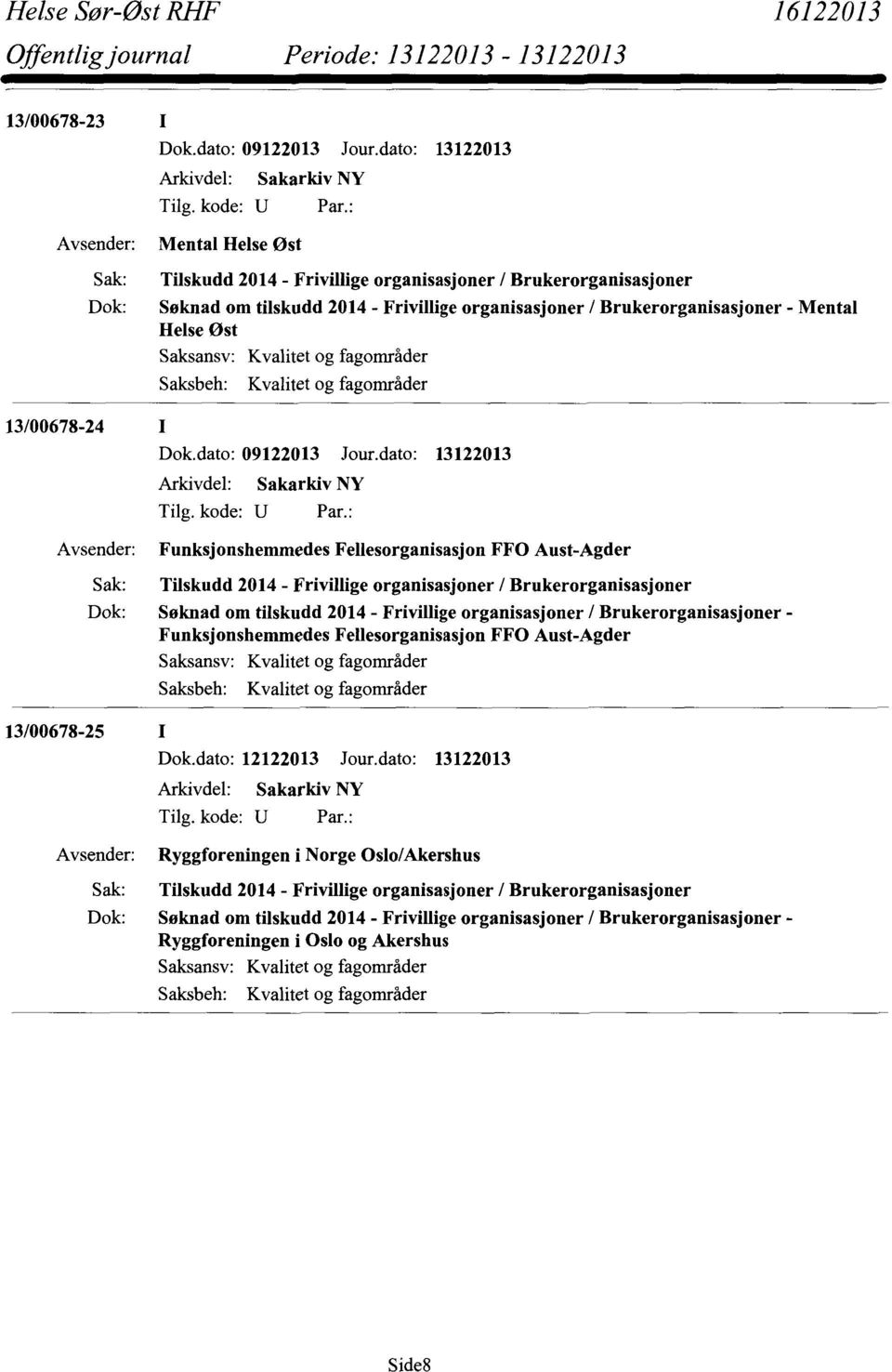Saksansv: Kvalitet og fagområder Saksbeh: Kvalitet og fagområder 13/00678-24 I Dok.dato: 09122013 Jour.
