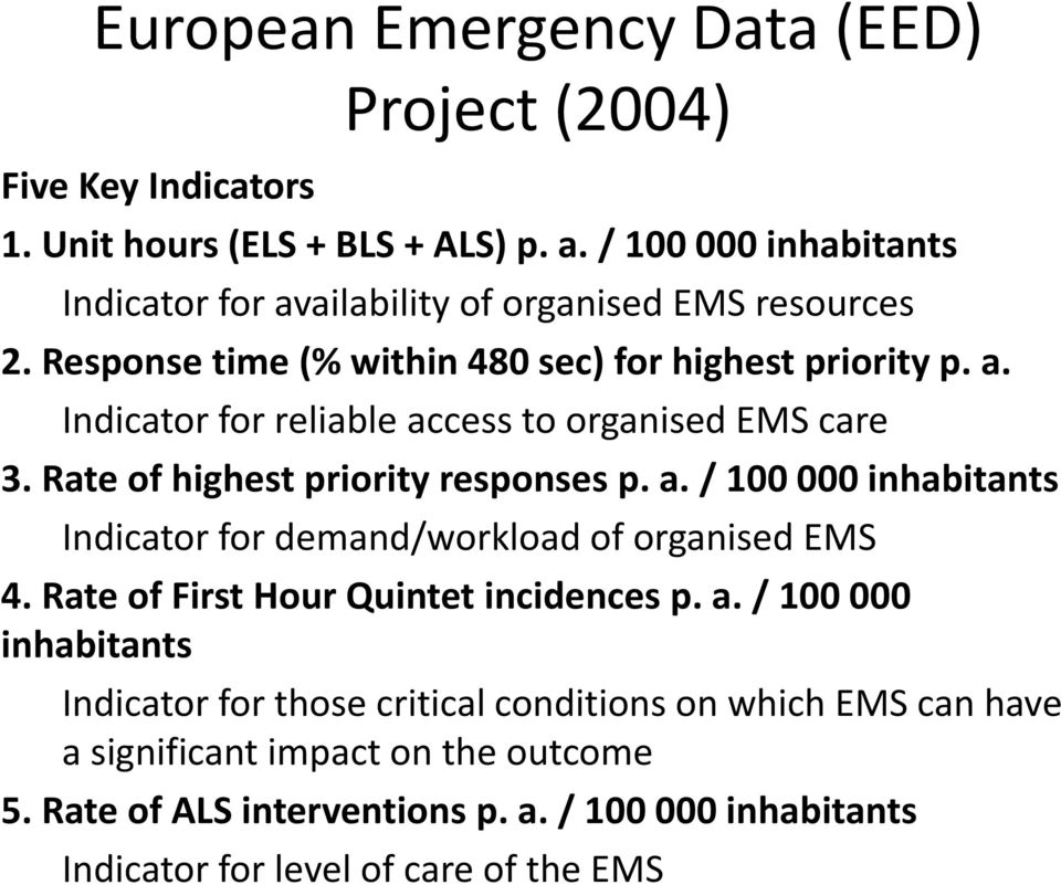 Rate of highest priority responses p. a. / 100 000 inhabitants Indicator for demand/workload of organised EMS 4. Rate of First Hour Quintet incidences p. a. / 100 000 inhabitants Indicator for those critical conditions on which EMS can have a significant impact on the outcome 5.