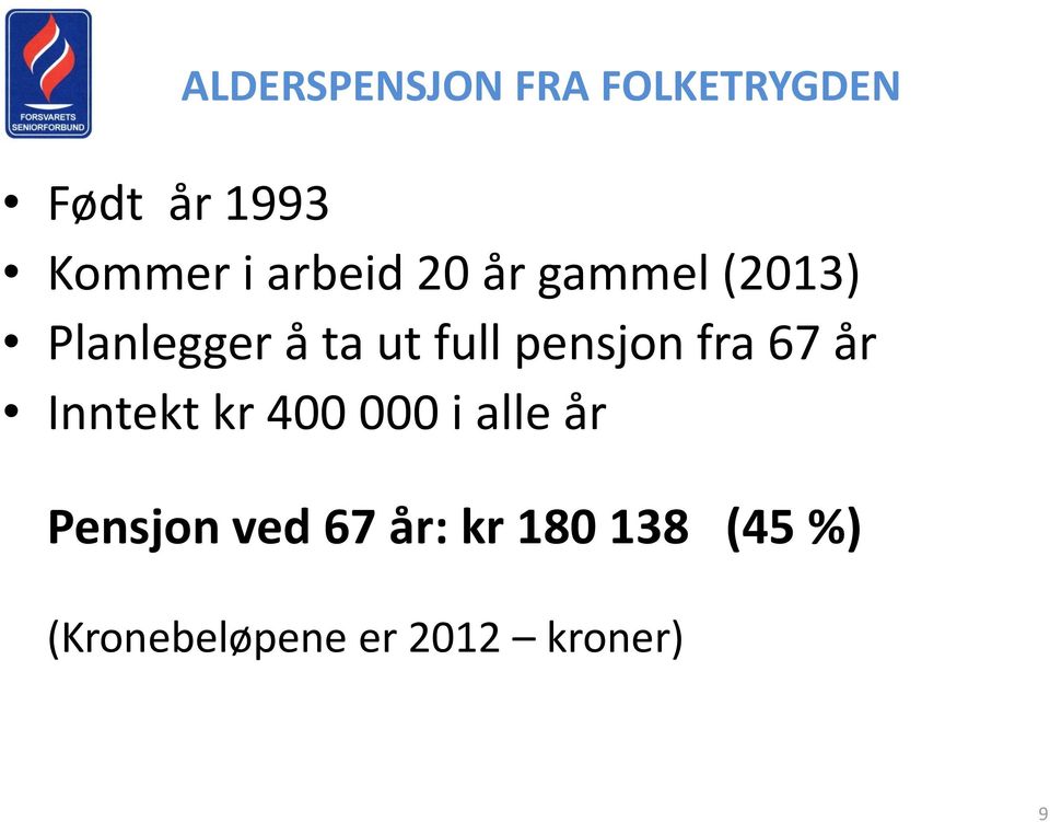 pensjon fra 67 år Inntekt kr 400 000 i alle år Pensjon