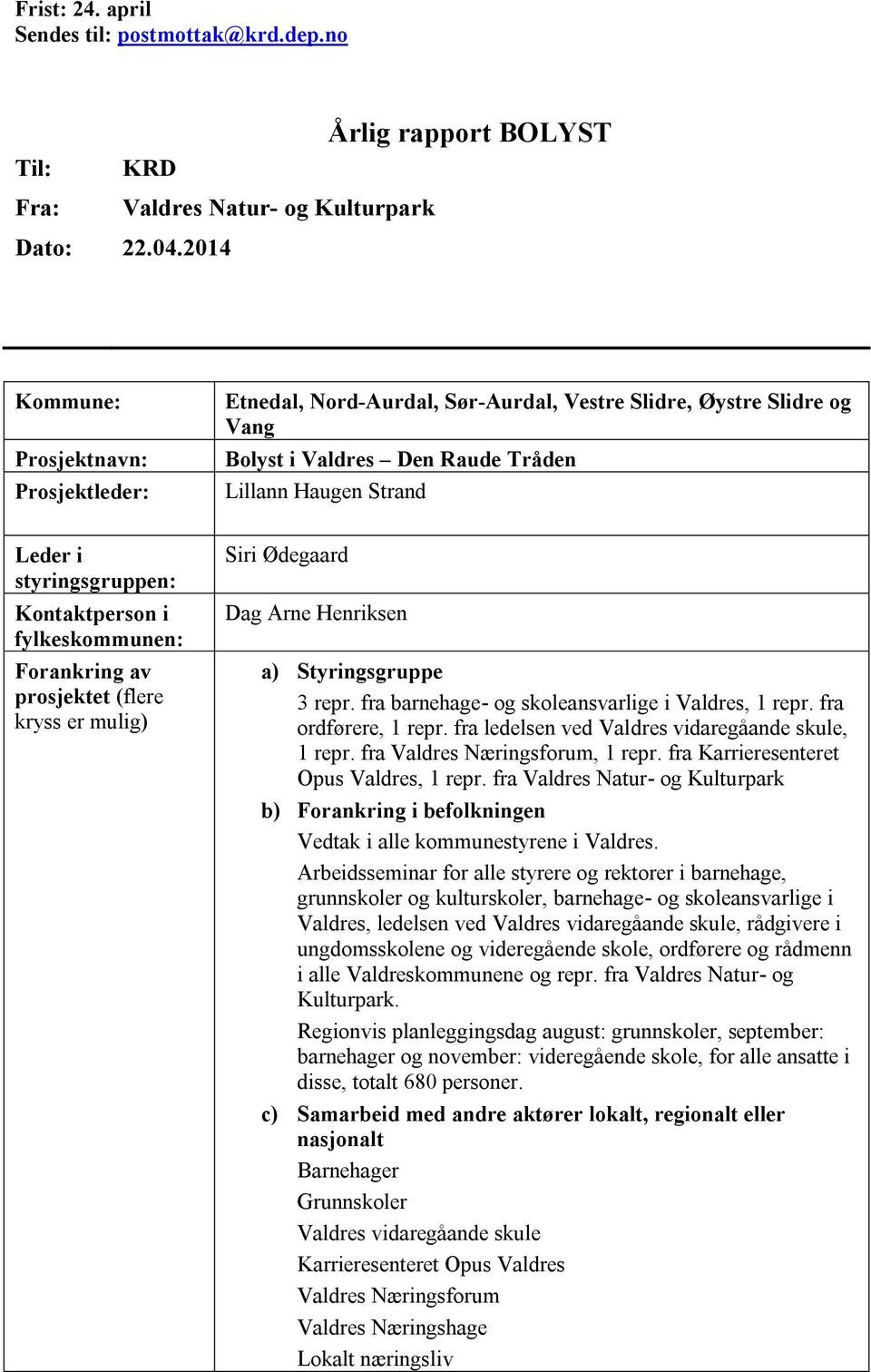 Kontaktperson i fylkeskommunen: Forankring av prosjektet (flere kryss er mulig) Siri Ødegaard Dag Arne Henriksen a) Styringsgruppe 3 repr. fra barnehage- og skoleansvarlige i Valdres, 1 repr.