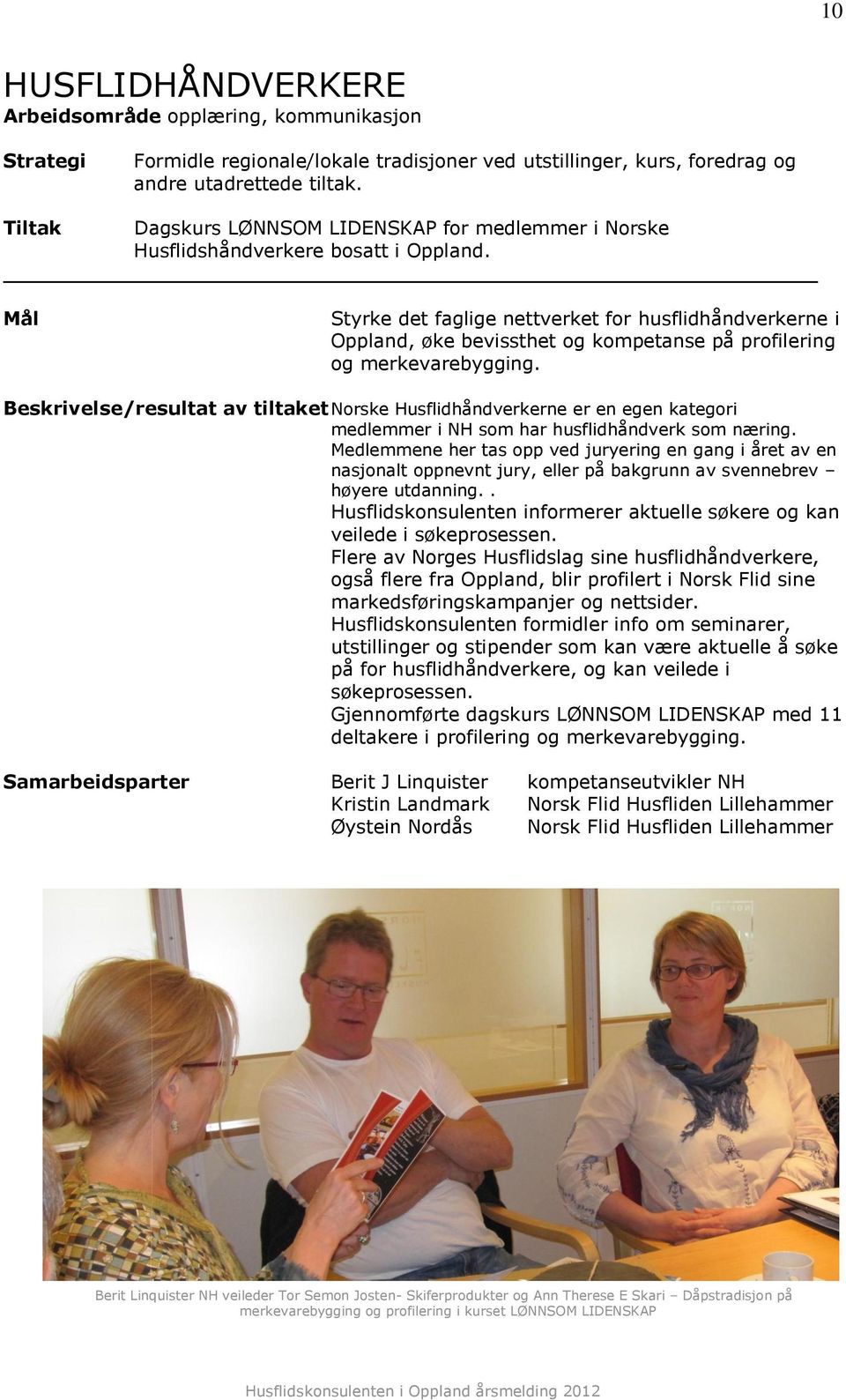Styrke det faglige nettverket for husflidhåndverkerne i Oppland, øke bevissthet og kompetanse på profilering og merkevarebygging.