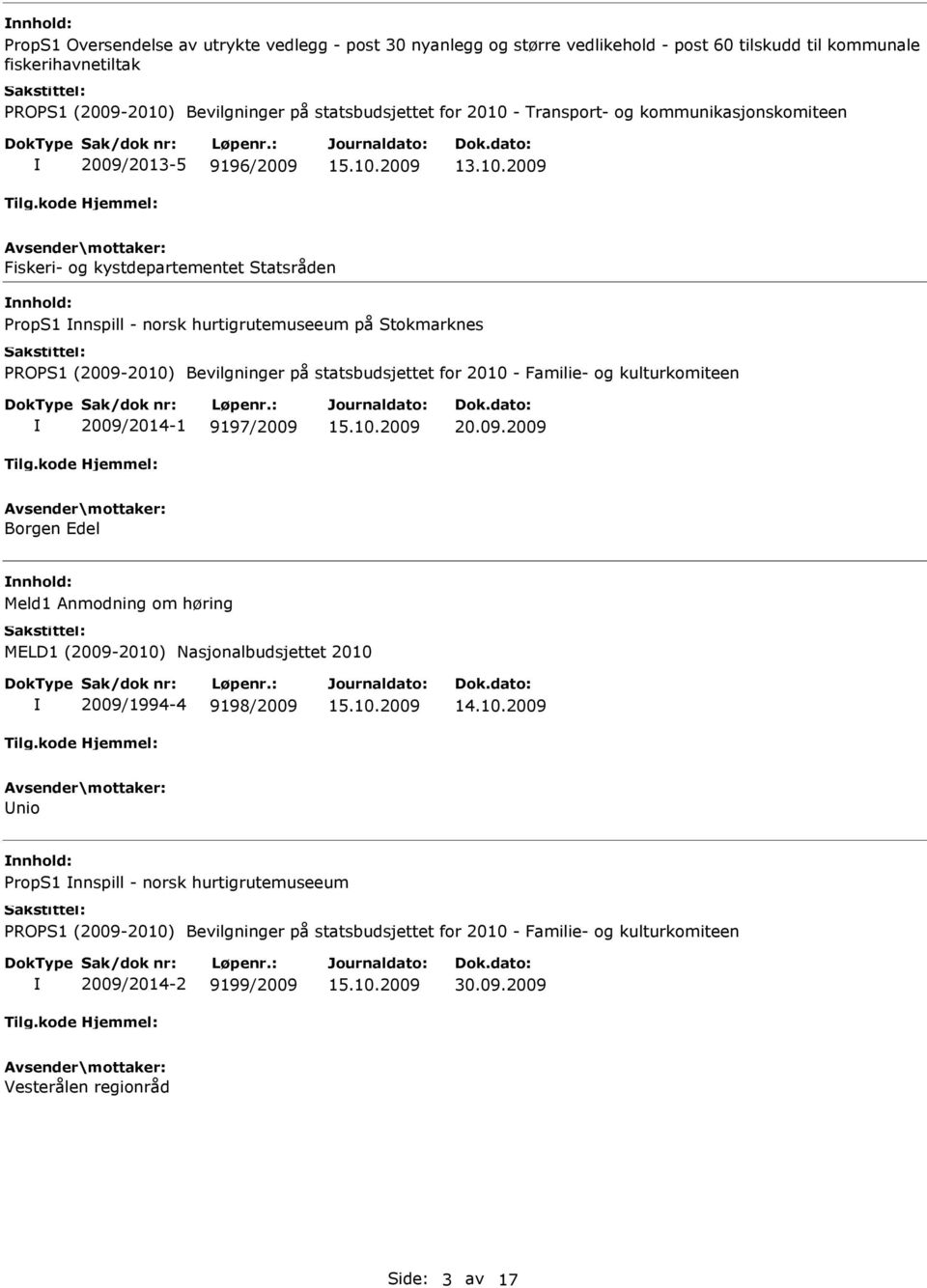 2009 Fiskeri- og kystdepartementet Statsråden nnhold: PropS1 nnspill - norsk hurtigrutemuseeum på Stokmarknes PROPS1 (2009-2010) Bevilgninger på statsbudsjettet for 2010 - Familie- og kulturkomiteen