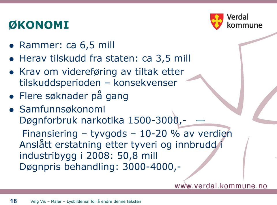 Døgnforbruk narkotika 1500-3000,- Finansiering tyvgods 10-20 % av verdien Anslått