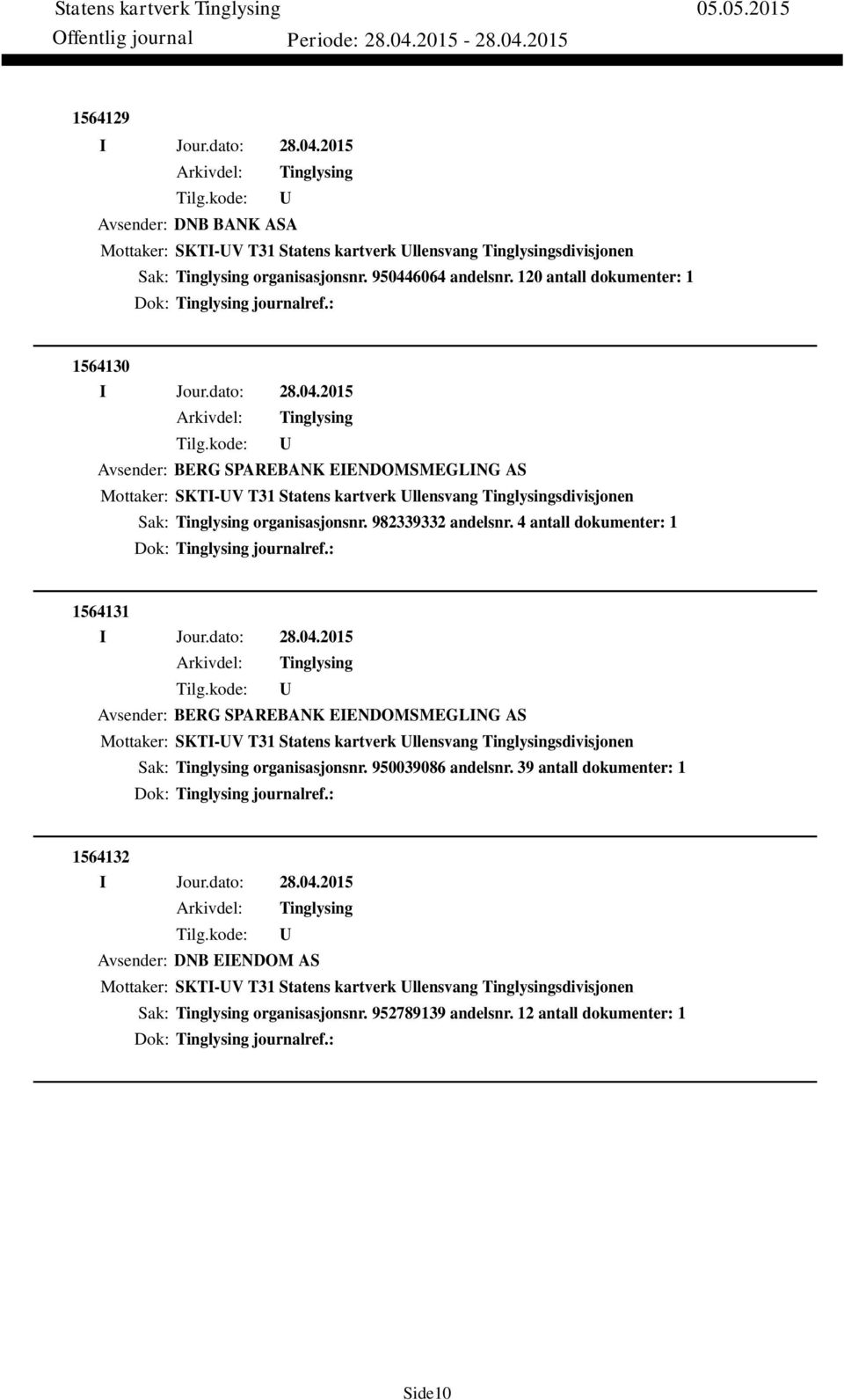 982339332 andelsnr. 4 antall dokumenter: 1 Dok: journalref.: 1564131 Avsender: BERG SPAREBANK EIENDOMSMEGLING AS Mottaker: SKTI-V T31 Statens kartverk llensvang sdivisjonen Sak: organisasjonsnr.