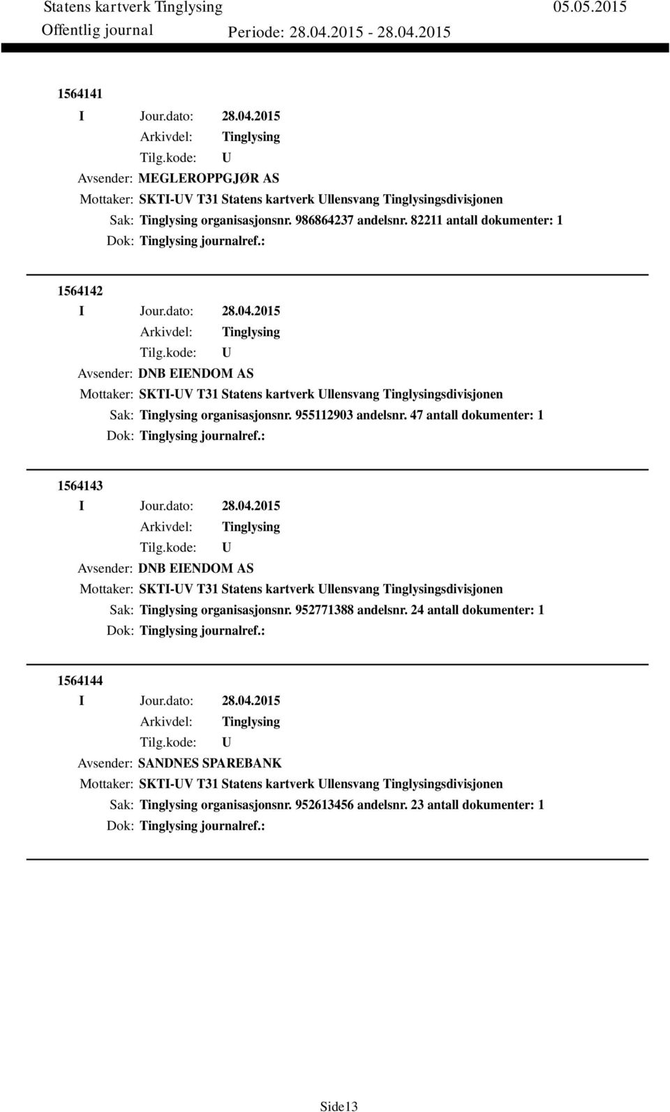 47 antall dokumenter: 1 Dok: journalref.: 1564143 Avsender: DNB EIENDOM AS Mottaker: SKTI-V T31 Statens kartverk llensvang sdivisjonen Sak: organisasjonsnr. 952771388 andelsnr.