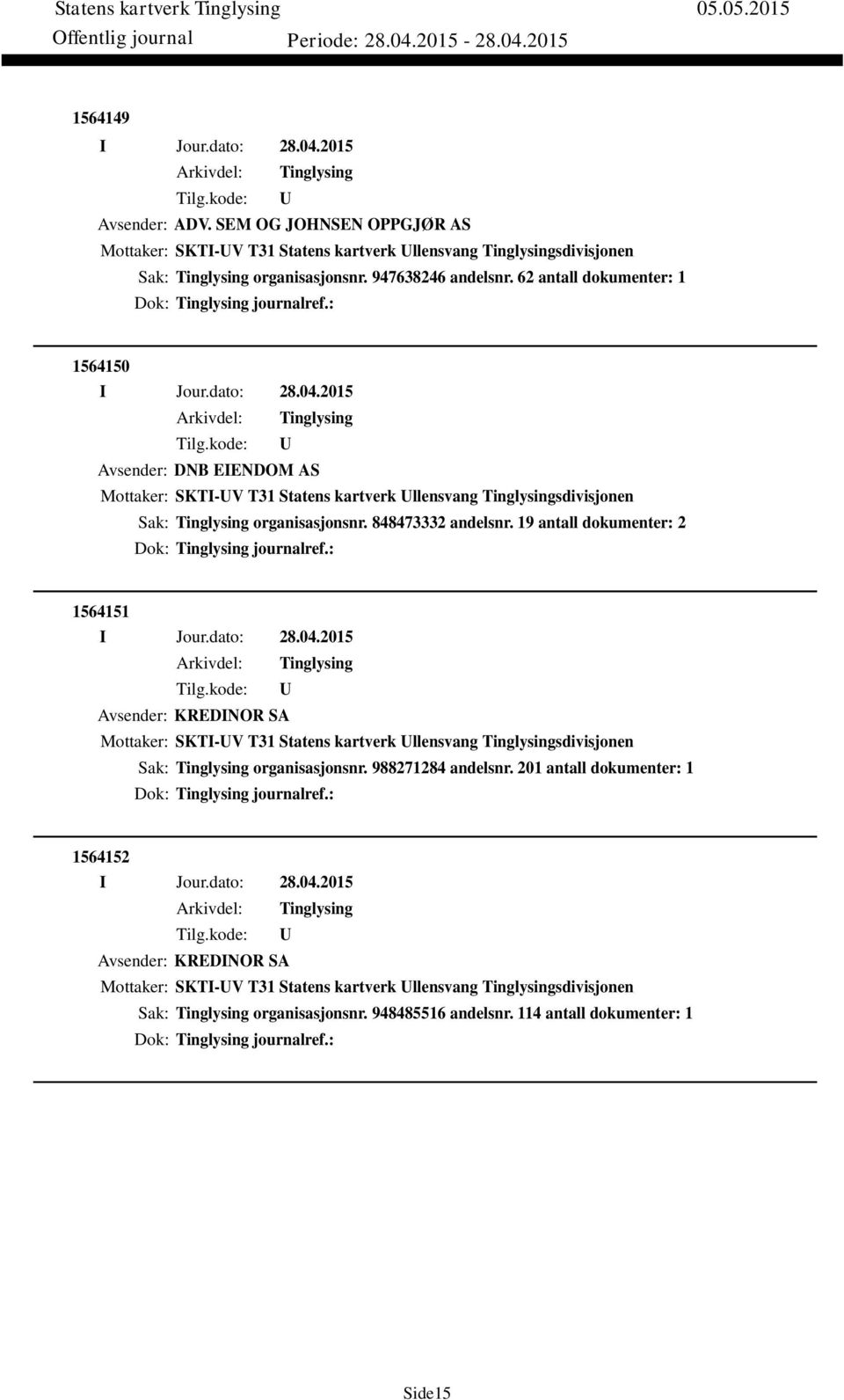 19 antall dokumenter: 2 Dok: journalref.: 1564151 Avsender: KREDINOR SA Mottaker: SKTI-V T31 Statens kartverk llensvang sdivisjonen Sak: organisasjonsnr. 988271284 andelsnr.