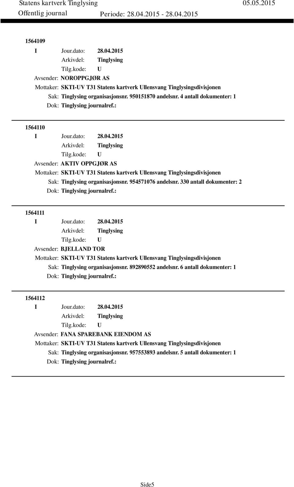 330 antall dokumenter: 2 Dok: journalref.: 1564111 Avsender: BJELLAND TOR Mottaker: SKTI-V T31 Statens kartverk llensvang sdivisjonen Sak: organisasjonsnr. 892890552 andelsnr.