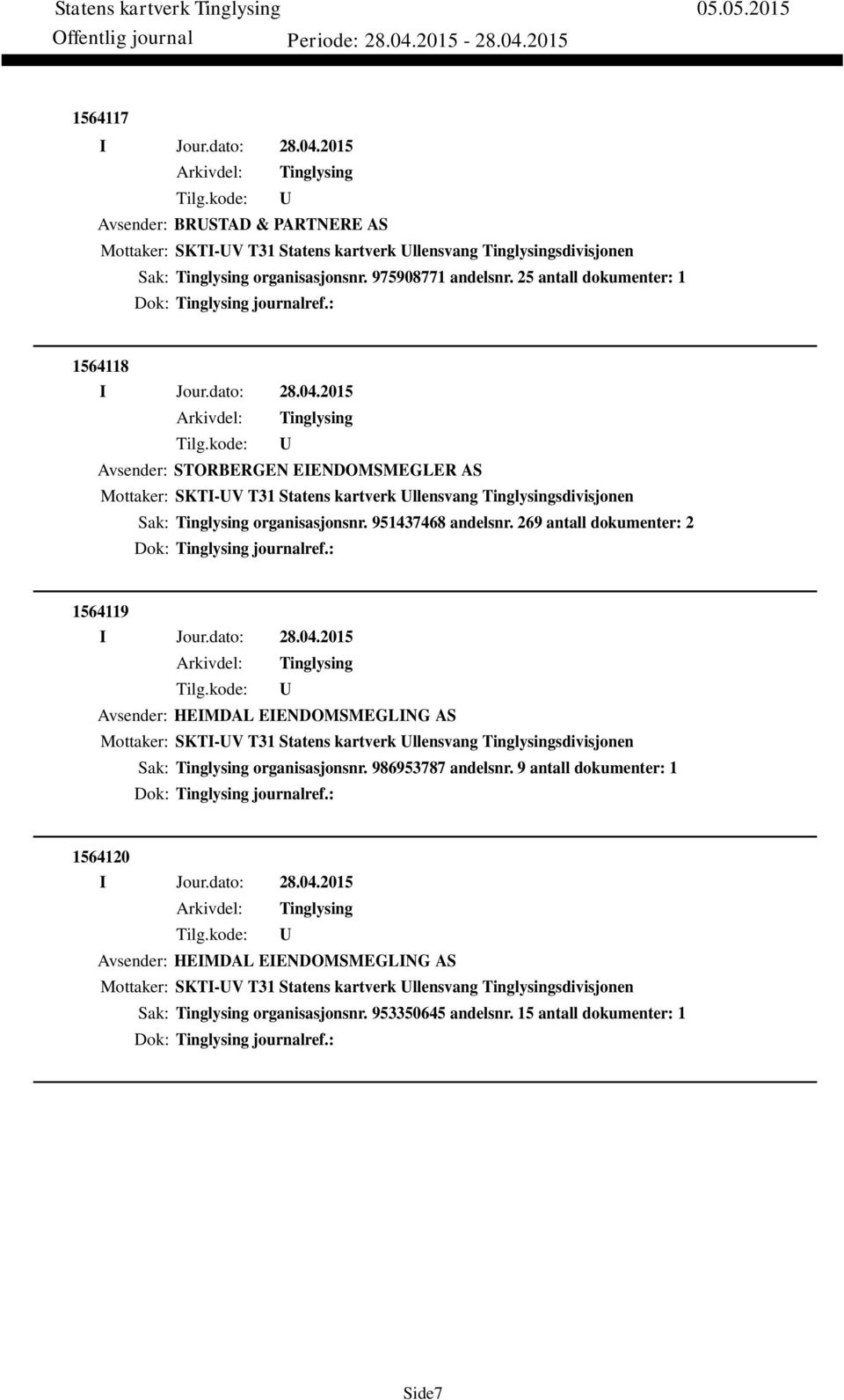 269 antall dokumenter: 2 Dok: journalref.: 1564119 Avsender: HEIMDAL EIENDOMSMEGLING AS Mottaker: SKTI-V T31 Statens kartverk llensvang sdivisjonen Sak: organisasjonsnr. 986953787 andelsnr.