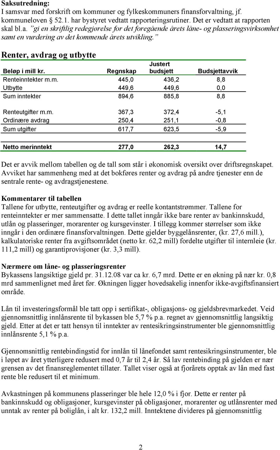 ll kr. Regnskap Justert budsjett Budsjettavvik Renteinntekter m.