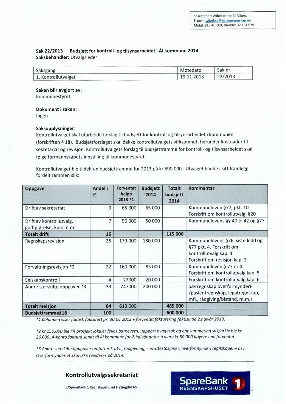 (forskriften 18). Budsjettforslaget skal dekke kontrollutvalgets virksomhet, herunder kostnader til sekretariat og revisjon.