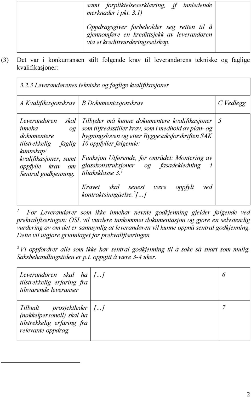 3 Leverandørenes tekniske og faglige kvalifikasjoner A Kvalifikasjonskrav B Dokumentasjonskrav C Vedlegg Leverandøren skal inneha og dokumentere tilstrekkelig faglig kunnskap/ kvalifikasjoner, samt