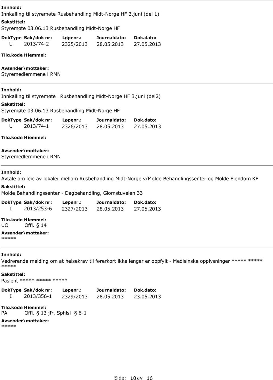 13 Rusbehandling Midt-Norge HF 2013/74-1 2326/2013 Styremedlemmene i RMN Avtale om leie av lokaler mellom Rusbehandling Midt-Norge v/molde Behandlingssenter og Molde