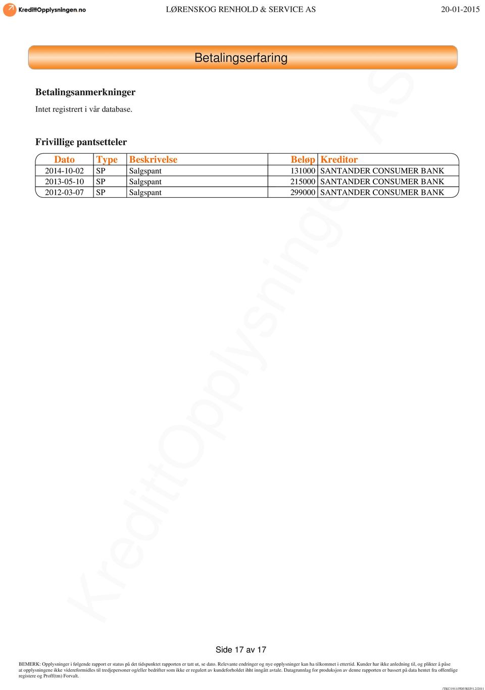 Kreditor 2014-10-02 SP Salgspant 131000 SANTANDER CONSUMER BANK 2013-05-10 SP