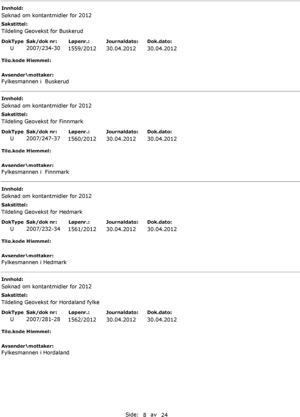 Tildeling Geovekst for Hedmark 2007/232-34 1561/2012 Fylkesmannen i Hedmark