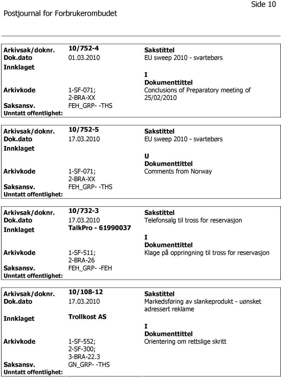 dato 17.03.2010 E sweep 2010 - svartebørs nnklaget 1-SF-071; 2-BRA-XX Comments from Norway Arkivsak/doknr.